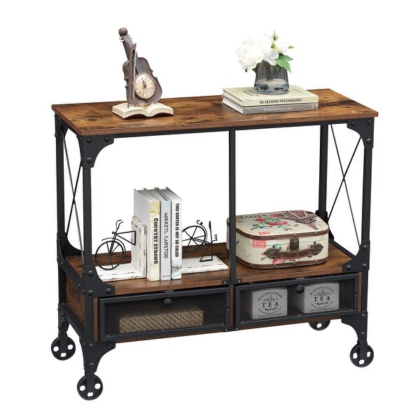 Industrial Console Table with Drawer and Storage Shelf， 4-Foot Wheels， Brown