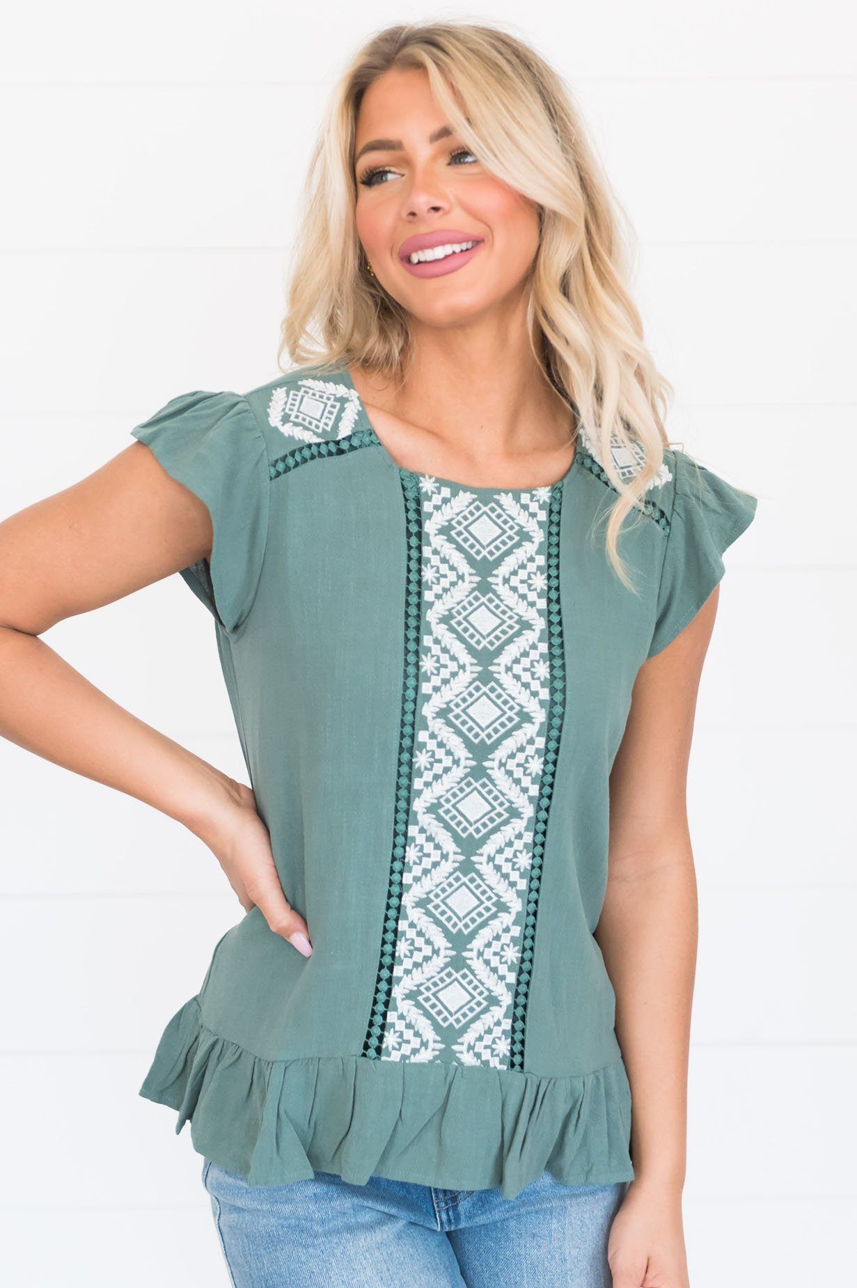 Turn Back Time Embroidered Modest Blouse