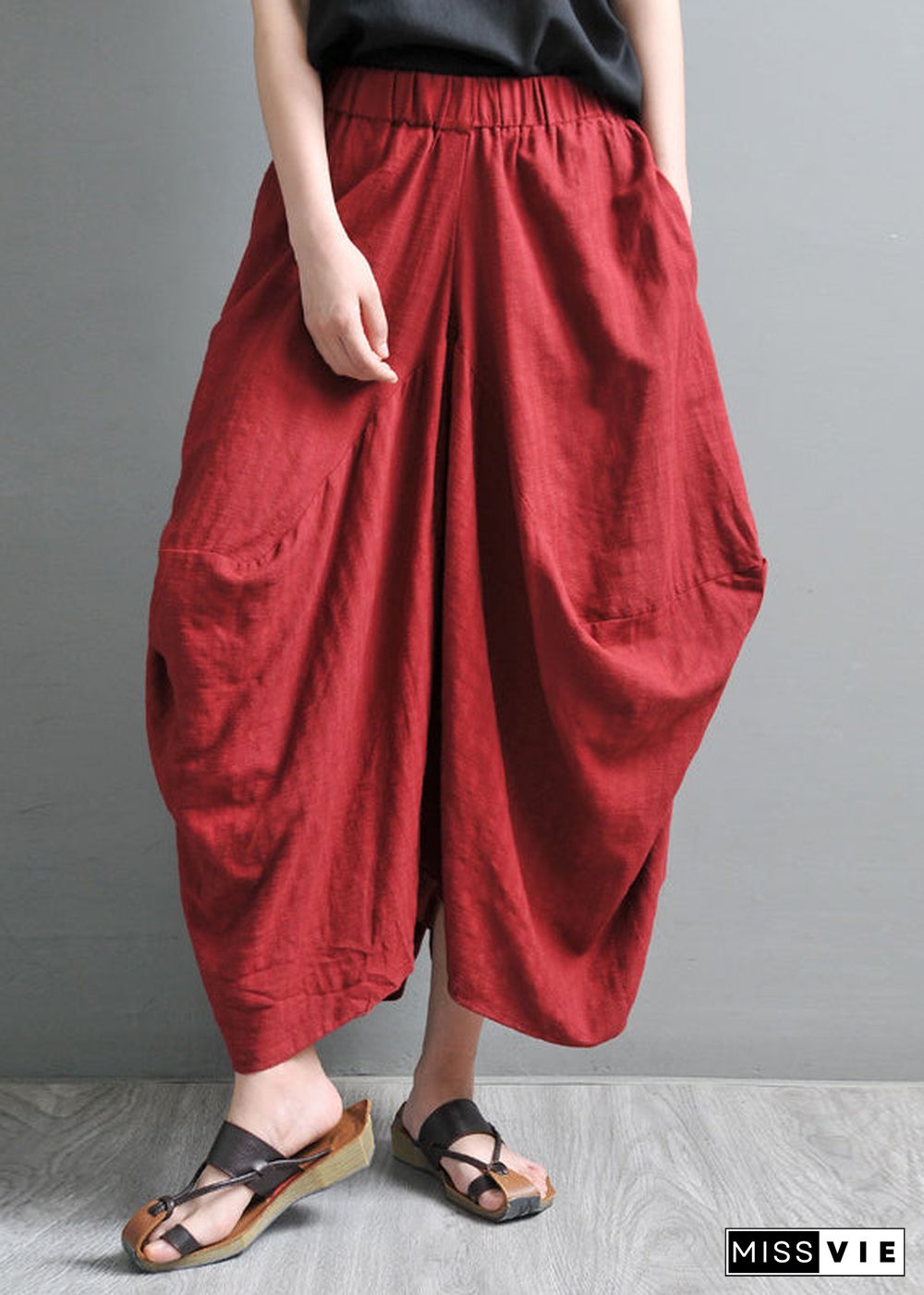 Simple Red Pockets Wide Leg Pants Skirt Summer