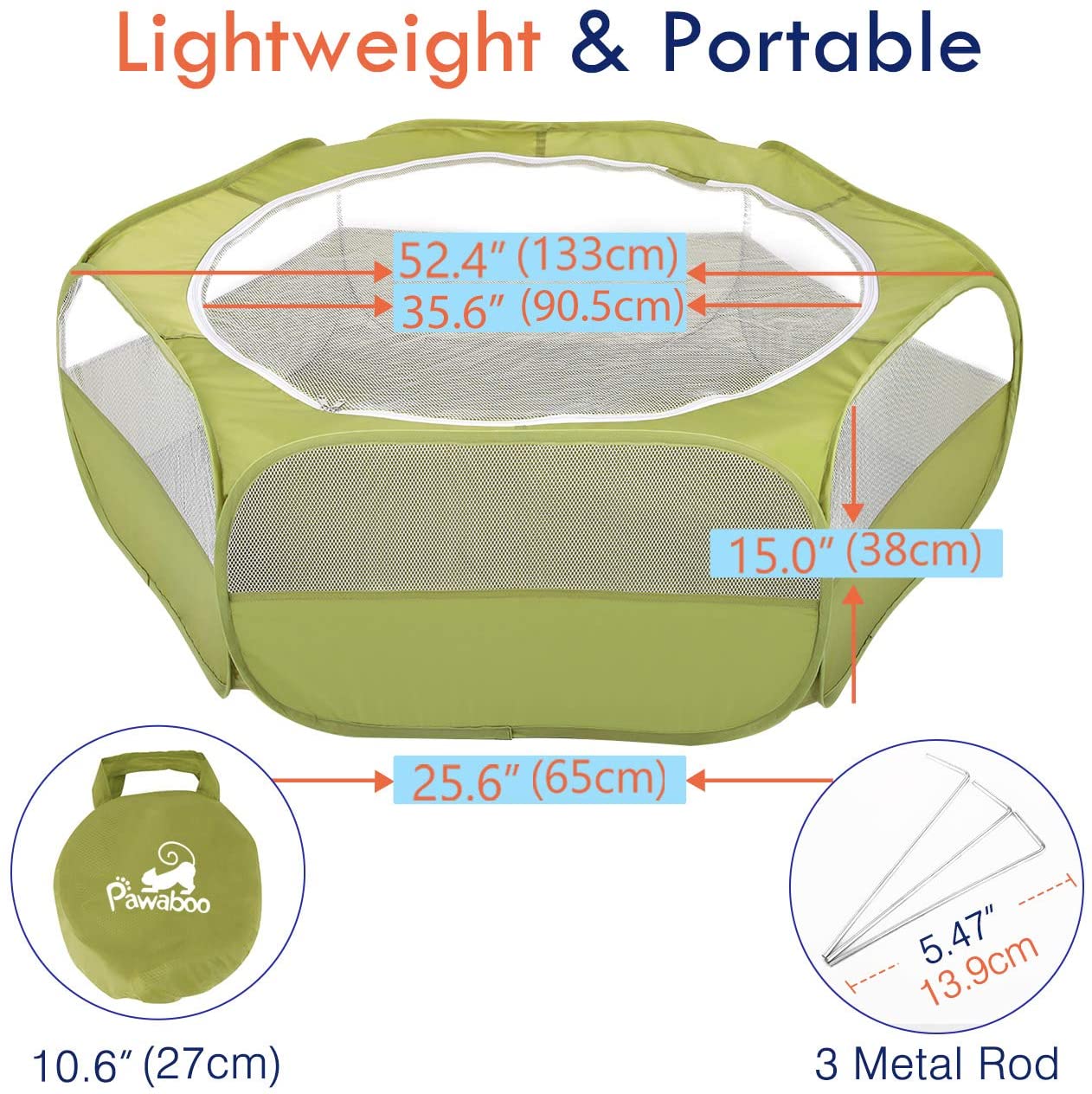 Pawaboo Small Animals Playpen， Waterproof Small Pet Cage Tent with Zippered Cover， Portable Outdoor Yard Fence with 3 Metal Rod for Kitten/Puppy/Guinea Pig/Rabbits/Hamster/Chinchillas， Green