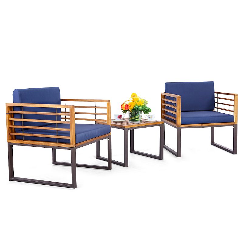 3 Pieces Patio Acacia Wood Conversation Set With Cushioned Armchairs -  Navy