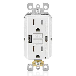 Leviton 15 Amp SmartlockPro Self-Test GFCI Combination 24-Watt (4.8 Amp) Type AC USB In-Wall Charger Duplex Outlet White R02-GUAC1-0BW