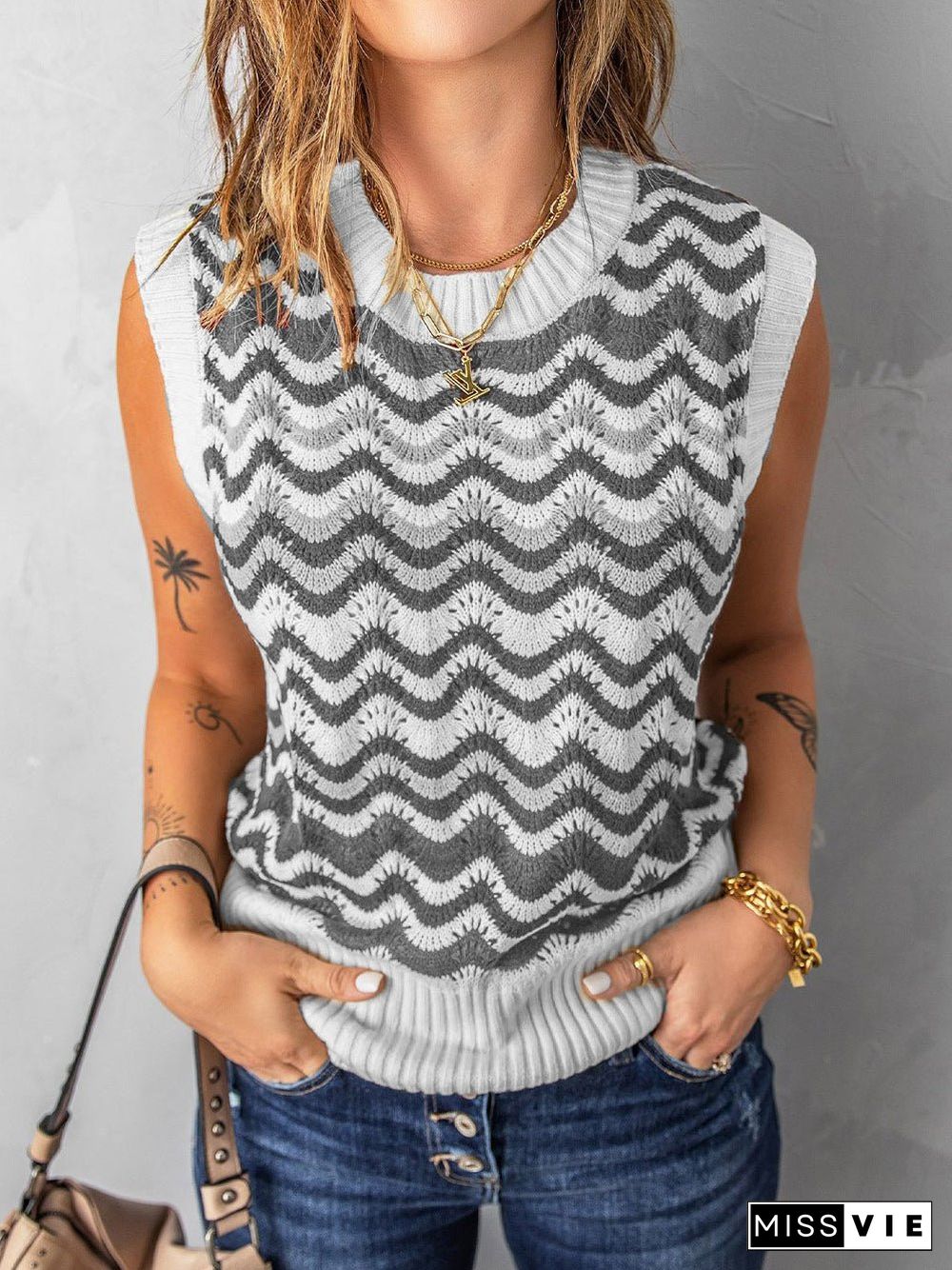 Women'S Tank Tops Wavy Stripe Crewneck Knit Tank Top