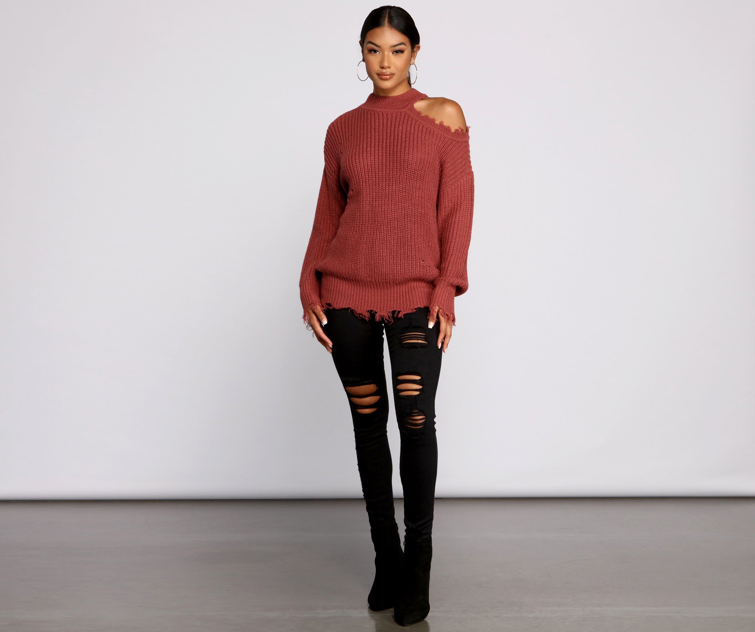 Distressed Cold Shoulder Crew Neck Sweater