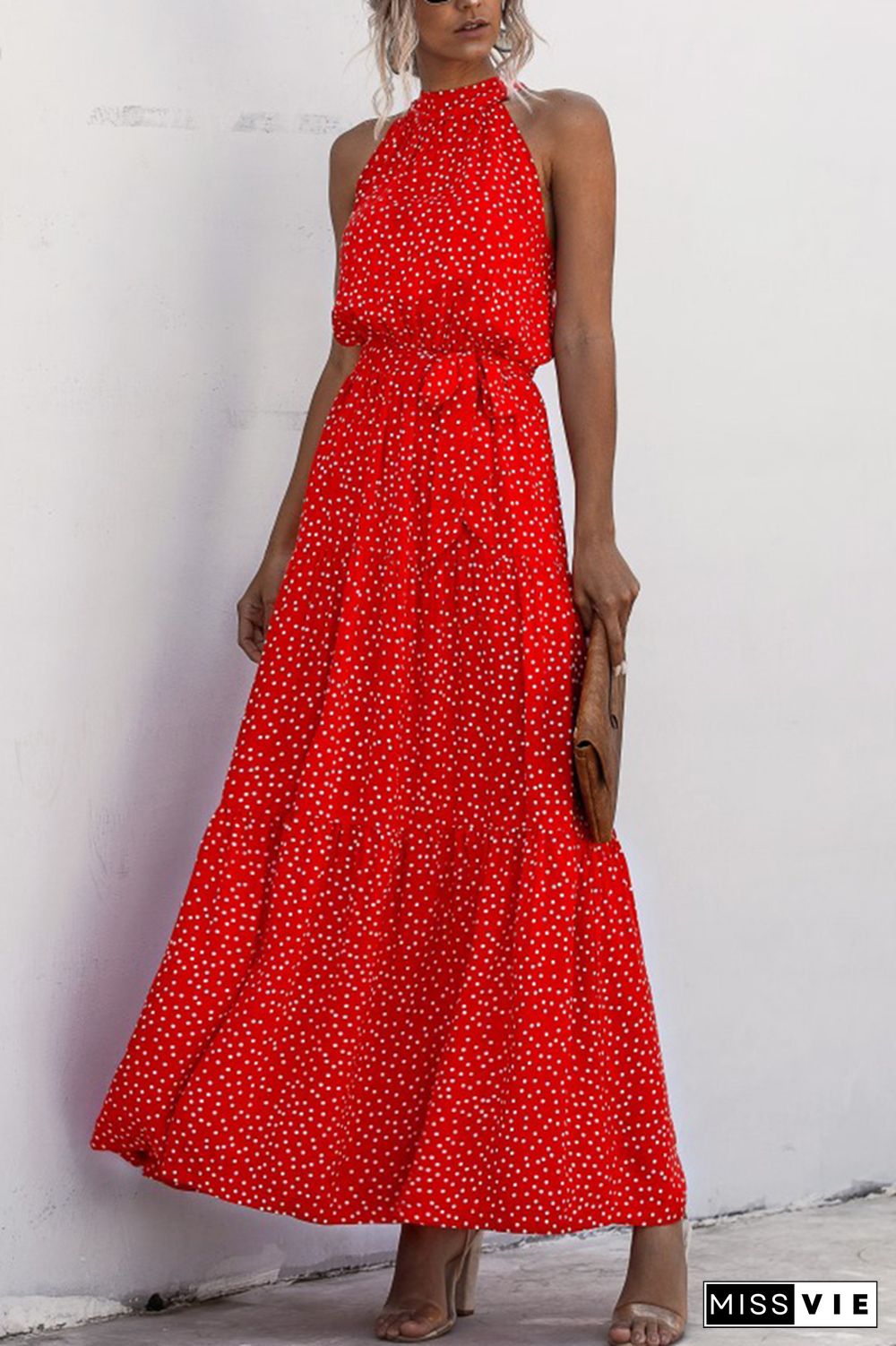 Halter Polka Dot Print Tie Waist Maxi Dress Wholesale