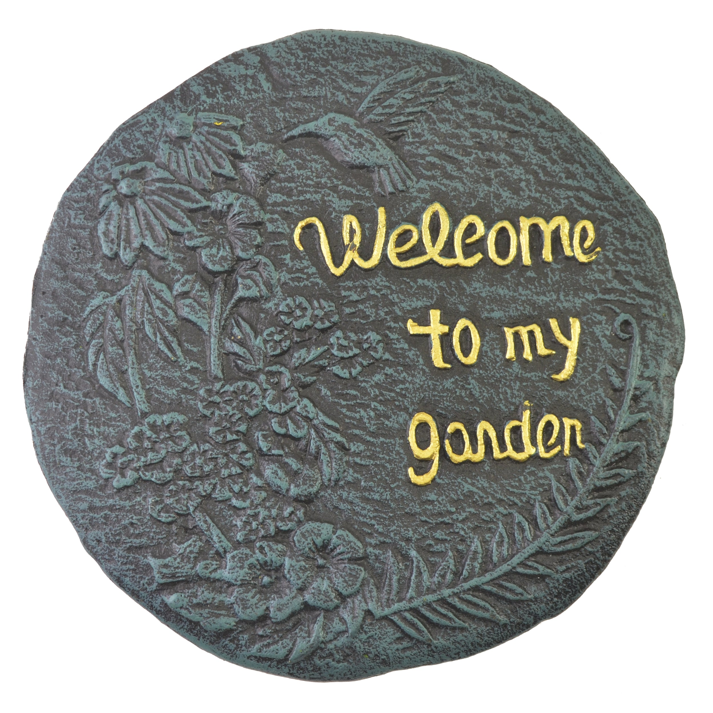 Stepping Stone Plaque - Welcome To My Garden Hummingbird - Verdigris Cast Iron