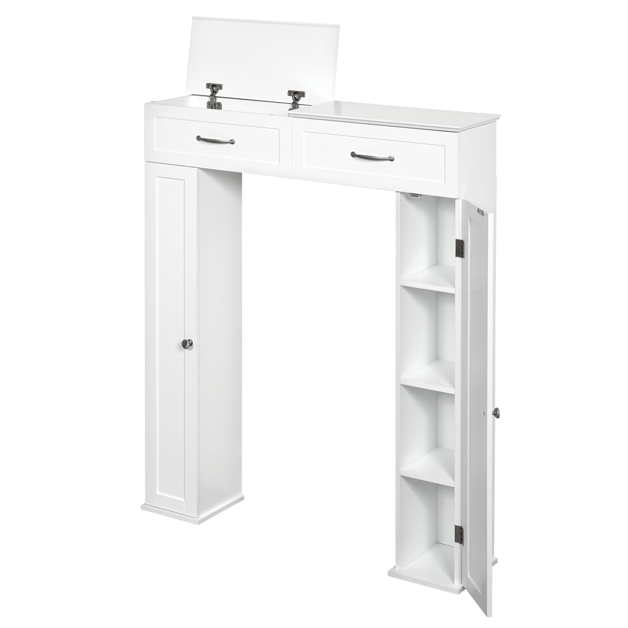 Zenna Home Lift Top Bathroom Storage Console Cabinet with 8 Shelves, White