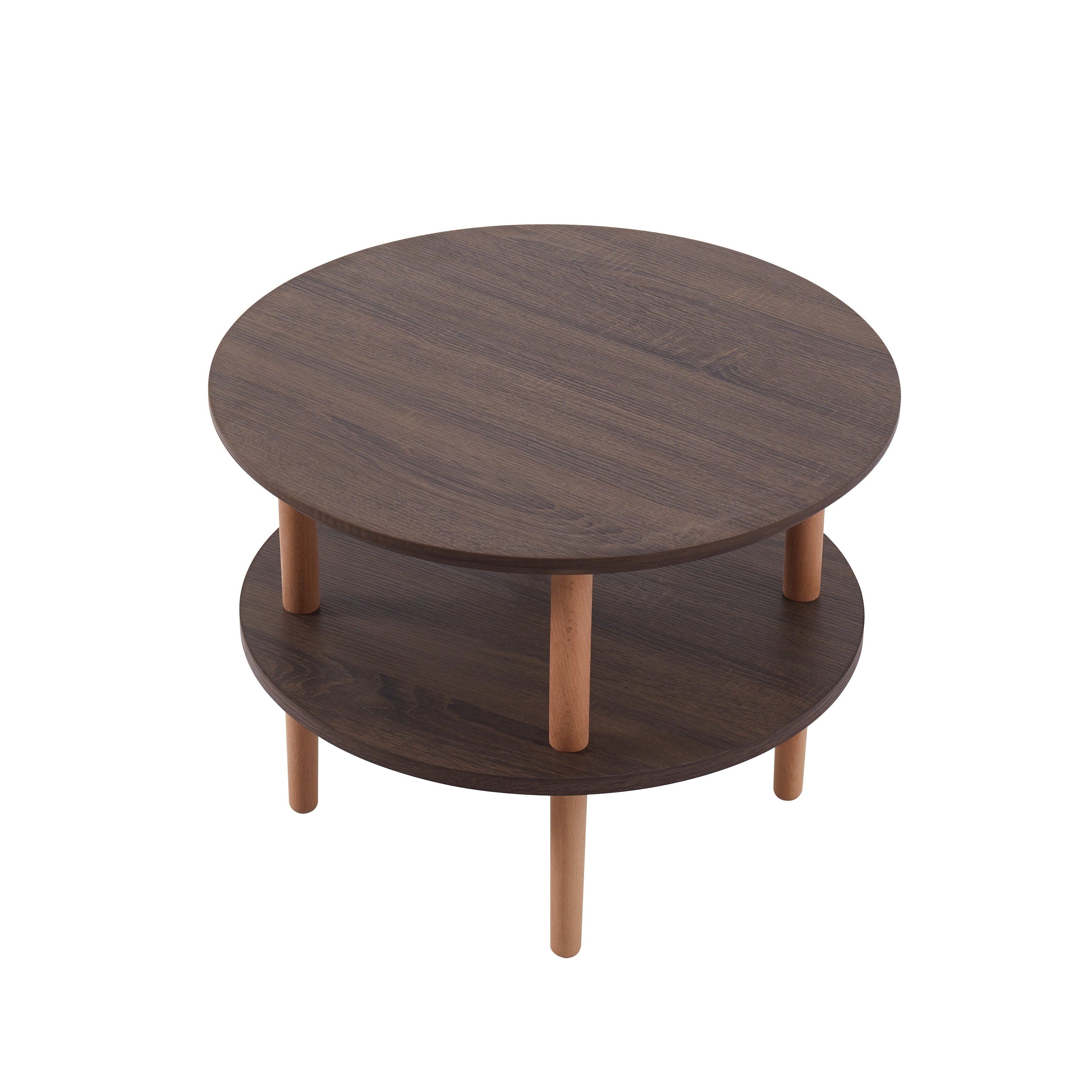 Farmhouse Round Side Table， Nordic Style End Table with 2-Tier， End Table for Living Room， Dining Room， Walnut