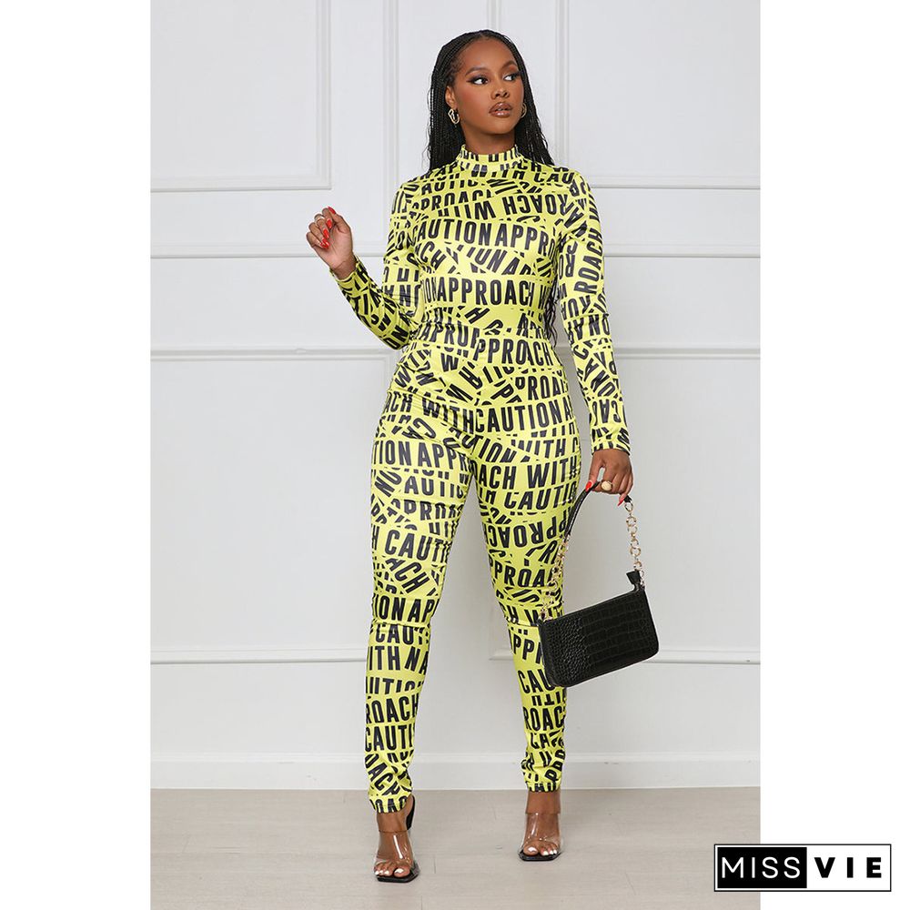 Letter Print Half High Neck Zipper Jumpsuit