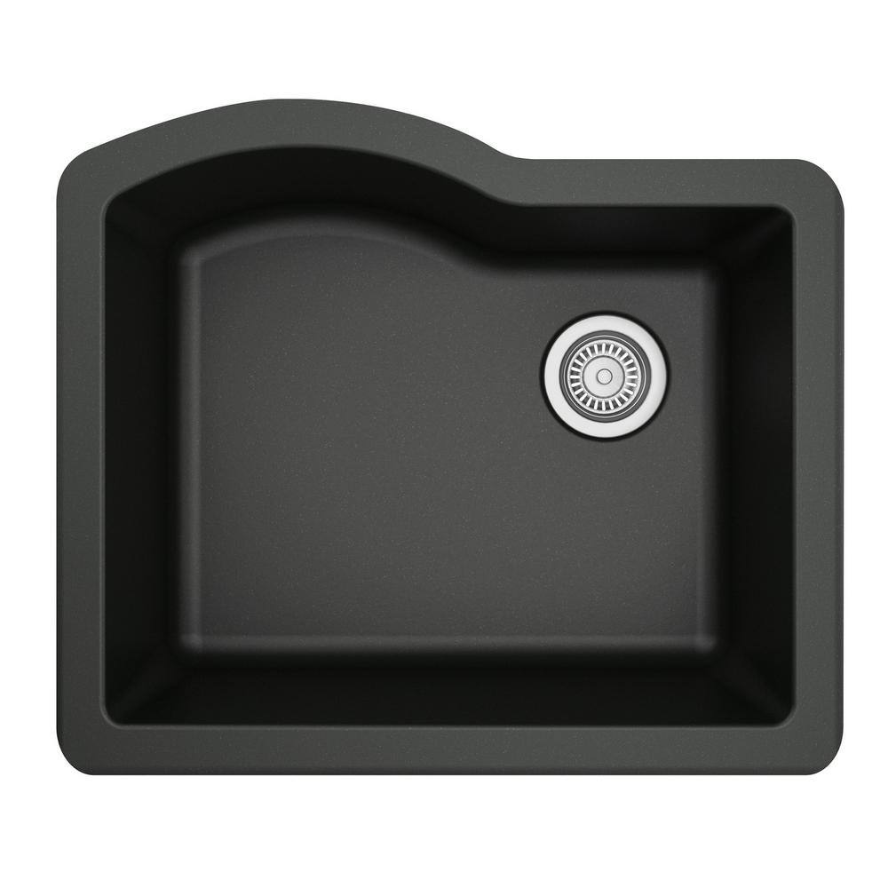 Karran QU-671 QuartzGranite 24 in. Single Bowl Undermount Kitchen Sink in Black with Bottom Grid and Strainer QU-671-BL-PK1