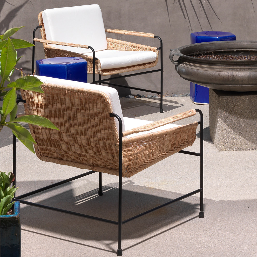 Contemporary Woven Rattan Arm Chair Off White Cushion Lounge Black Frame Coastal   Tropical   Armchairs And Accent Chairs   by My Swanky Home  Houzz