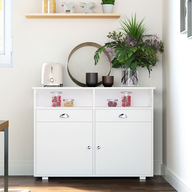 HOMCOM Sideboard Buffet Table Storage Cabinet with Large Tabletop 2 Cabinets 2 Drawers and Crossbar Side Design White