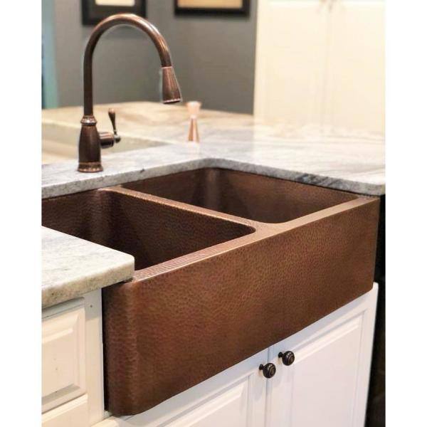 SINKOLOGY Rockwell Farmhouse Apron-Front Copper All-In-One 33 in. Double Bowl 5050 Kitchen Sink with Pfister Faucet and Drains K2A-1005-F529