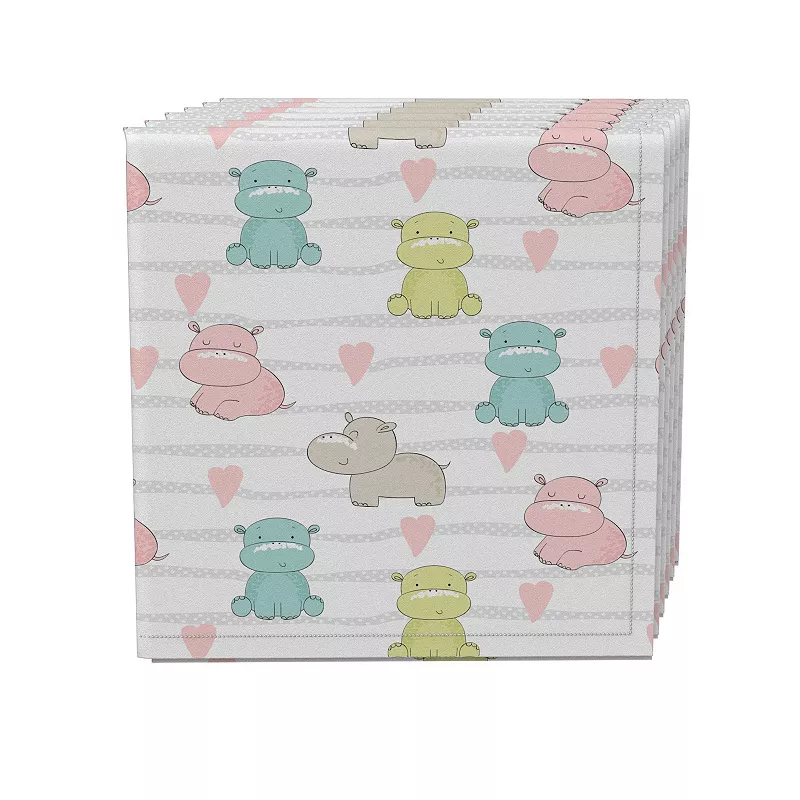 Napkin Set of 4， 100% Cotton， 20x20， Pastel Hippos