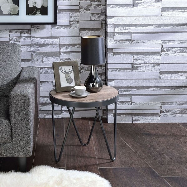 Industrial Round Shaped End Table in Weathered Gray Oak and Metal