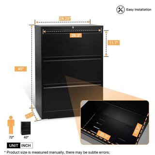 Aobabo 3 Drawer Lateral File Cabinet wLock for LetterLegal Size Paper Black SALATERAL CABINET