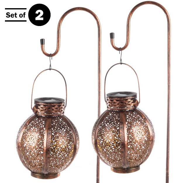 Set Of 2 Solar Outdoor Lights Hanging Or Tabletop Rechargeable Led Lantern Set With 2 Shepherd Hooks For Outdoor Decor By Pure Garden bronze