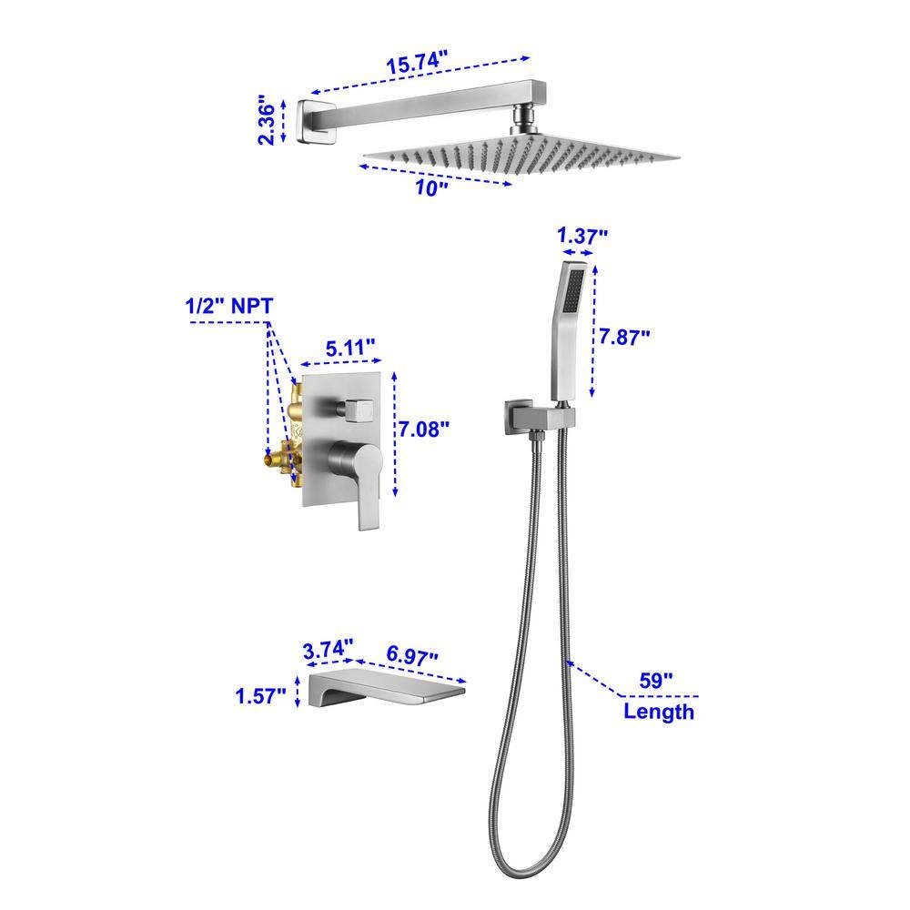 UKISHIRO 1-Spray Patterns with 2 GPM 10 in. Wall Mounted Shower Head and Handheld Shower Mount Dual Shower Heads in Brushed SMD0KN211020019