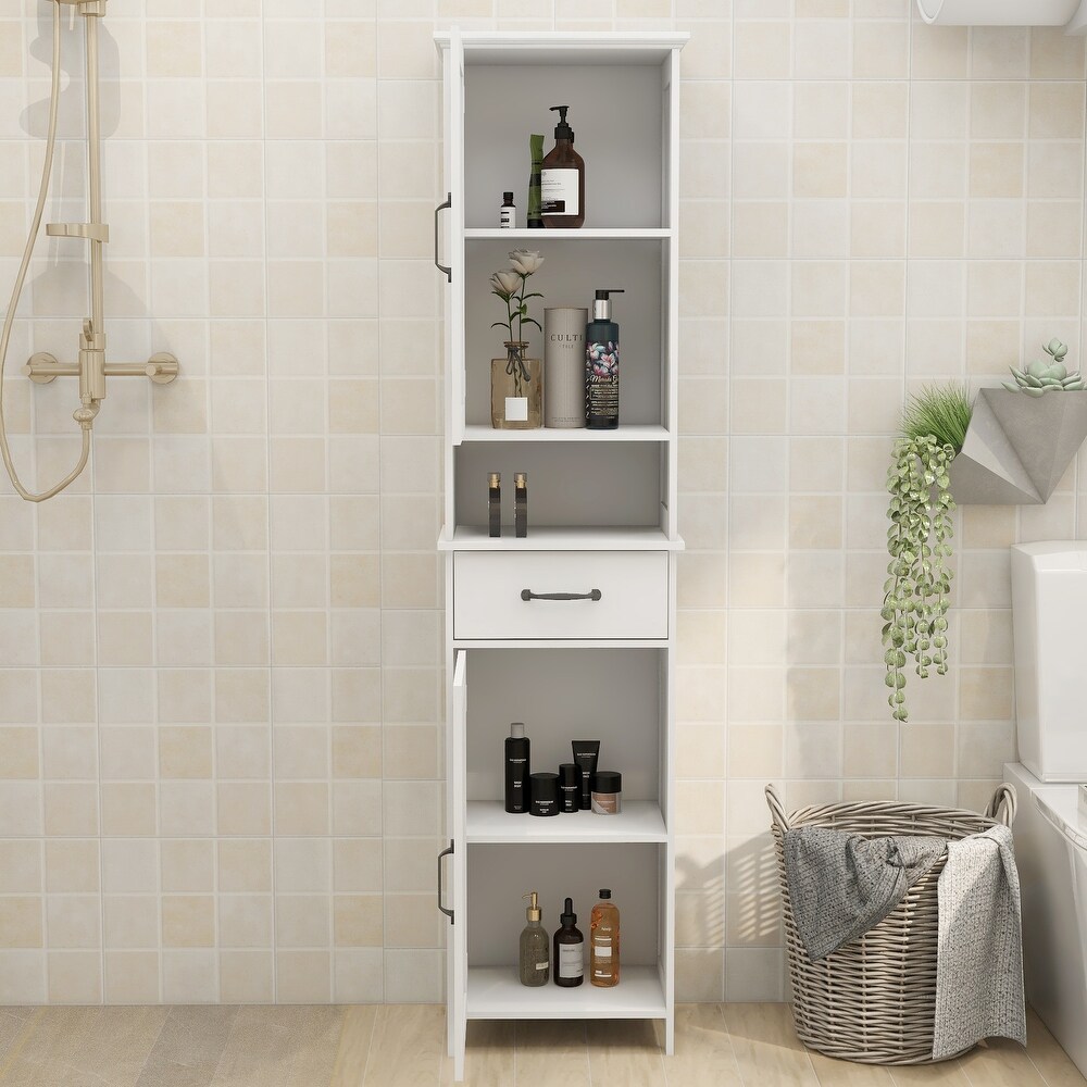 Tall Bathroom Storage Cabinet Narrow Floor Standing Cabinet  White