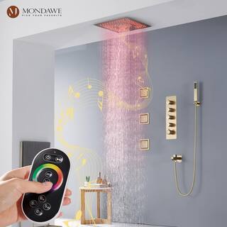 Mondawe Luxury LED Music 4-Spray Patterns Thermostatic 16 in. Ceiling Mount Rain Dual Shower Heads with 3-Jet in Brushed Gold WF6338CC-16BG