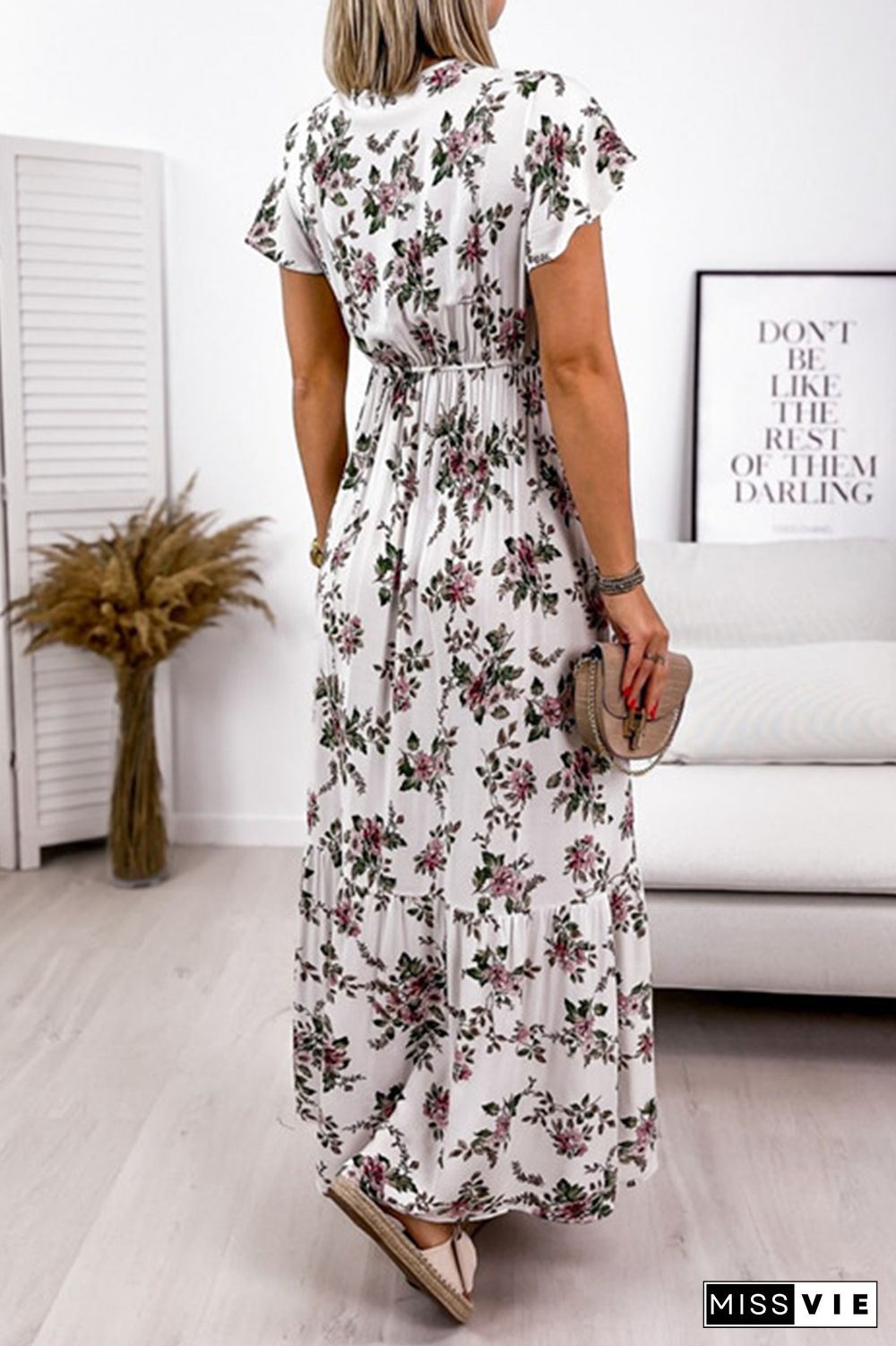 Fashion Elegant Floral Split Joint Flounce V Neck A Line Dresses