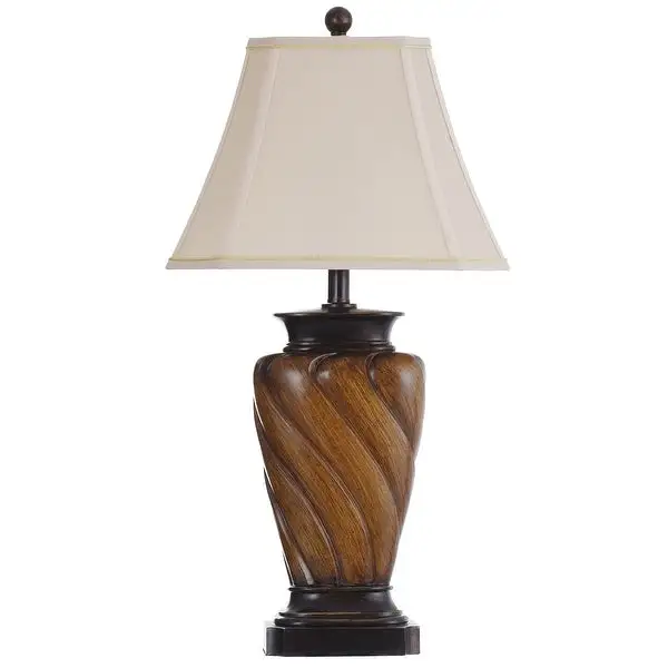 StyleCraft Toffee Wood Table Lamp - White Fabric Shade