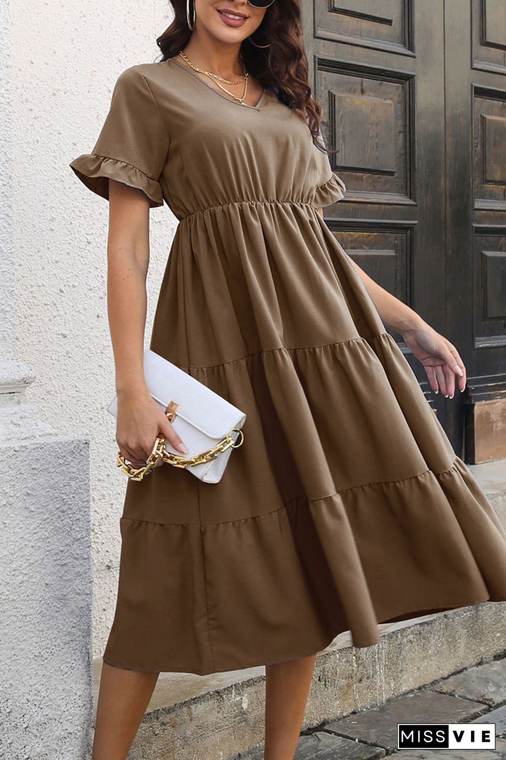 Plain V Neck Tiered Short Sleeves Mid Dress