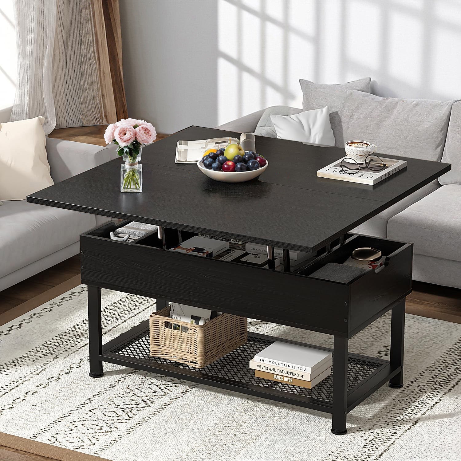 Coffee Table with Lifting Top Modern Lift Dining Table with 4 Storage Spaces