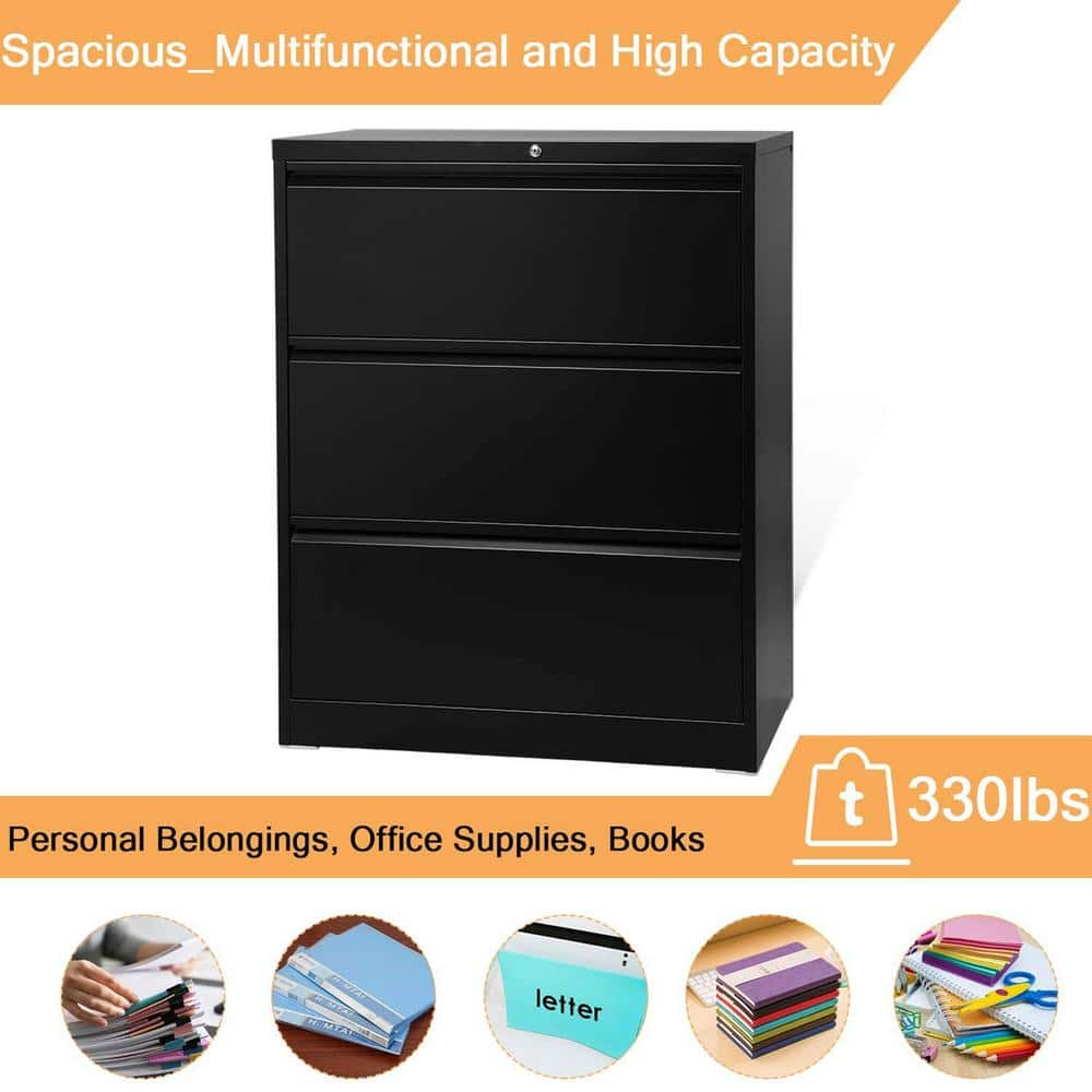 Aobabo 3 Drawer Lateral File Cabinet wLock for LetterLegal Size Paper Black SALATERAL CABINET