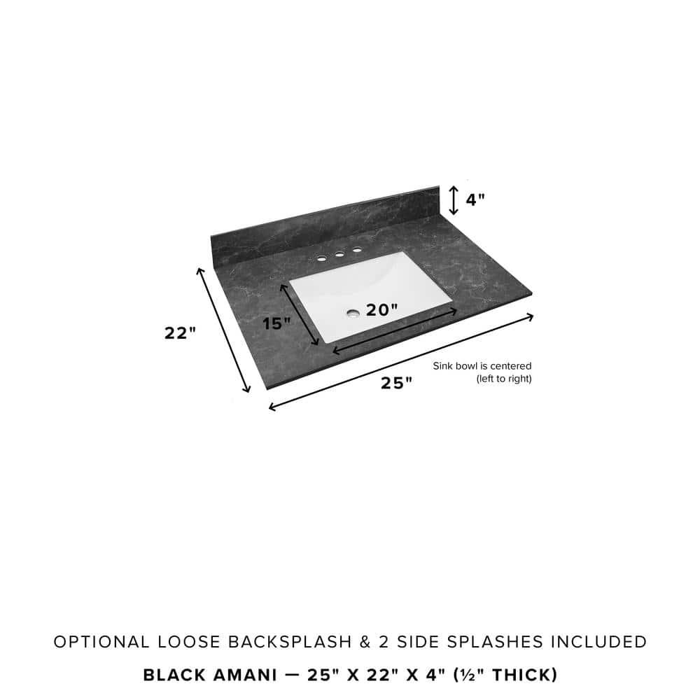 THINSCAPE 25 in W x 22 in Vanity Top in Black Amani with Single White Sink and 4 in Faucet Spread