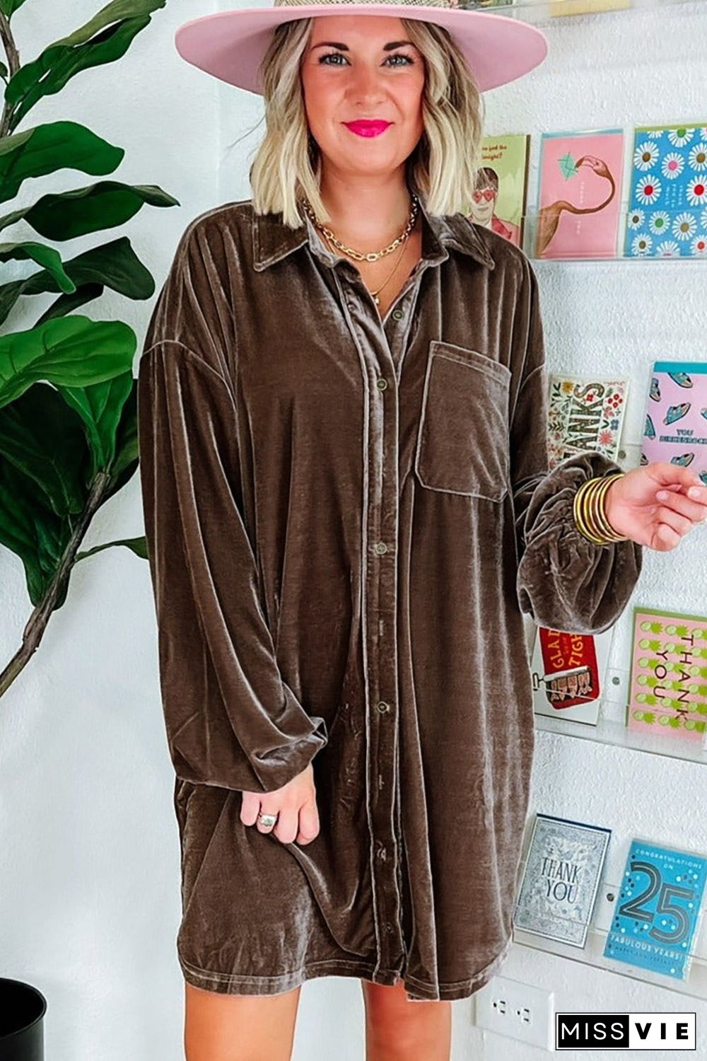 Coffee Plus Size Puff Sleeve Shirt Velvet Dress