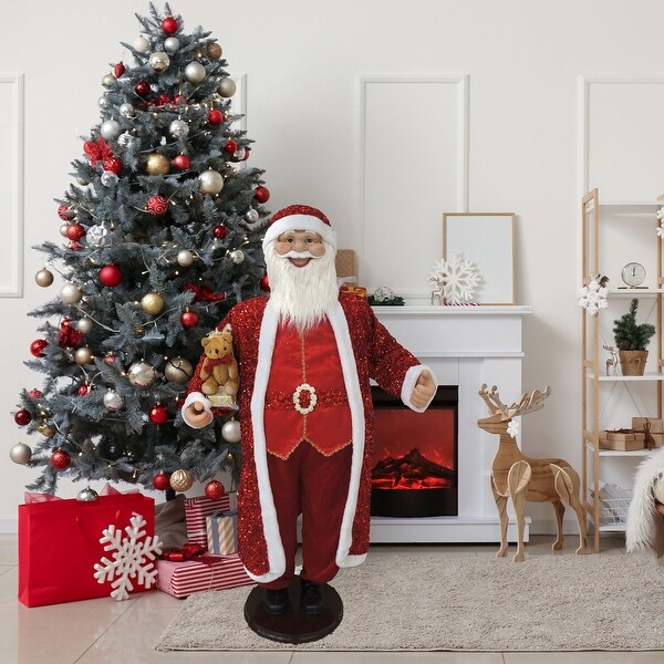 Fraser Hill Farm 58In. Dancing Santa in Red Sequin Suit with Teddy Bear and Wrapped Gifts