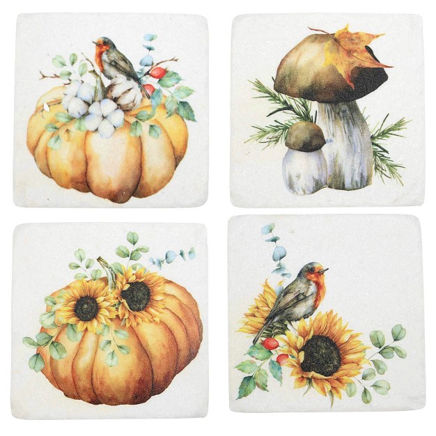 Ganz Sunflower Robin Pumpkin Coasters Four Coasters 3 75 Inches Bird Mushroom Flower Ca182568 Polyresin Multicolored