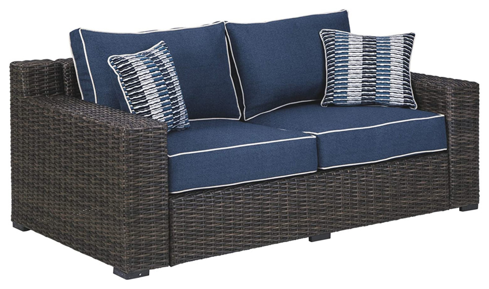 Modern Farmhouse Sofa  Wicker Frame  ampPlush Navy Cushions  Indoor or Outdoor Use   Transitional   Sofas   by Declusia  Houzz