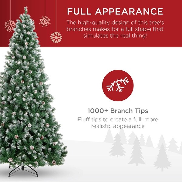 6ft PreDecorated Holiday Christmas Tree w/ 1，000 PVC Branch Tips，Partially Flocked Design，Pine Cones，Metal Hinges and Base