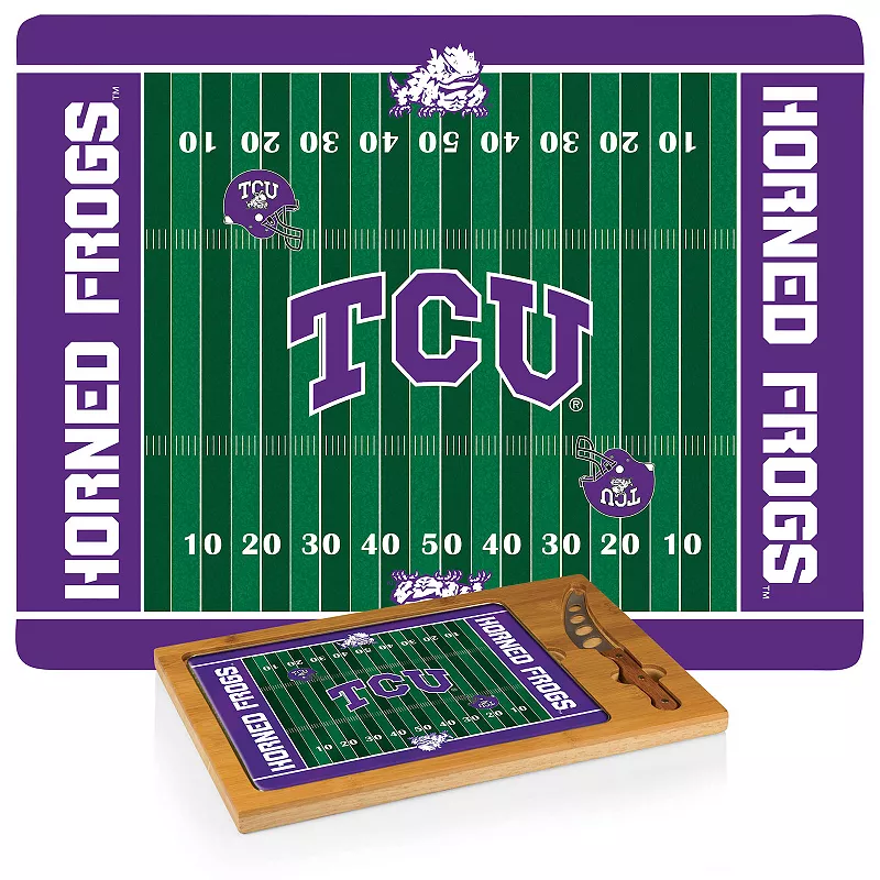 Picnic Time TCU Horned Frogs Icon Glass Top Cutting Board and Knife Set