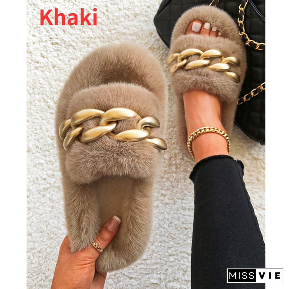 New Matte Gold Chain Decorate Female Fluffy Fur Slides Plush Warm Slippers Luxury Slippers Slip-On Thick Bottom Women