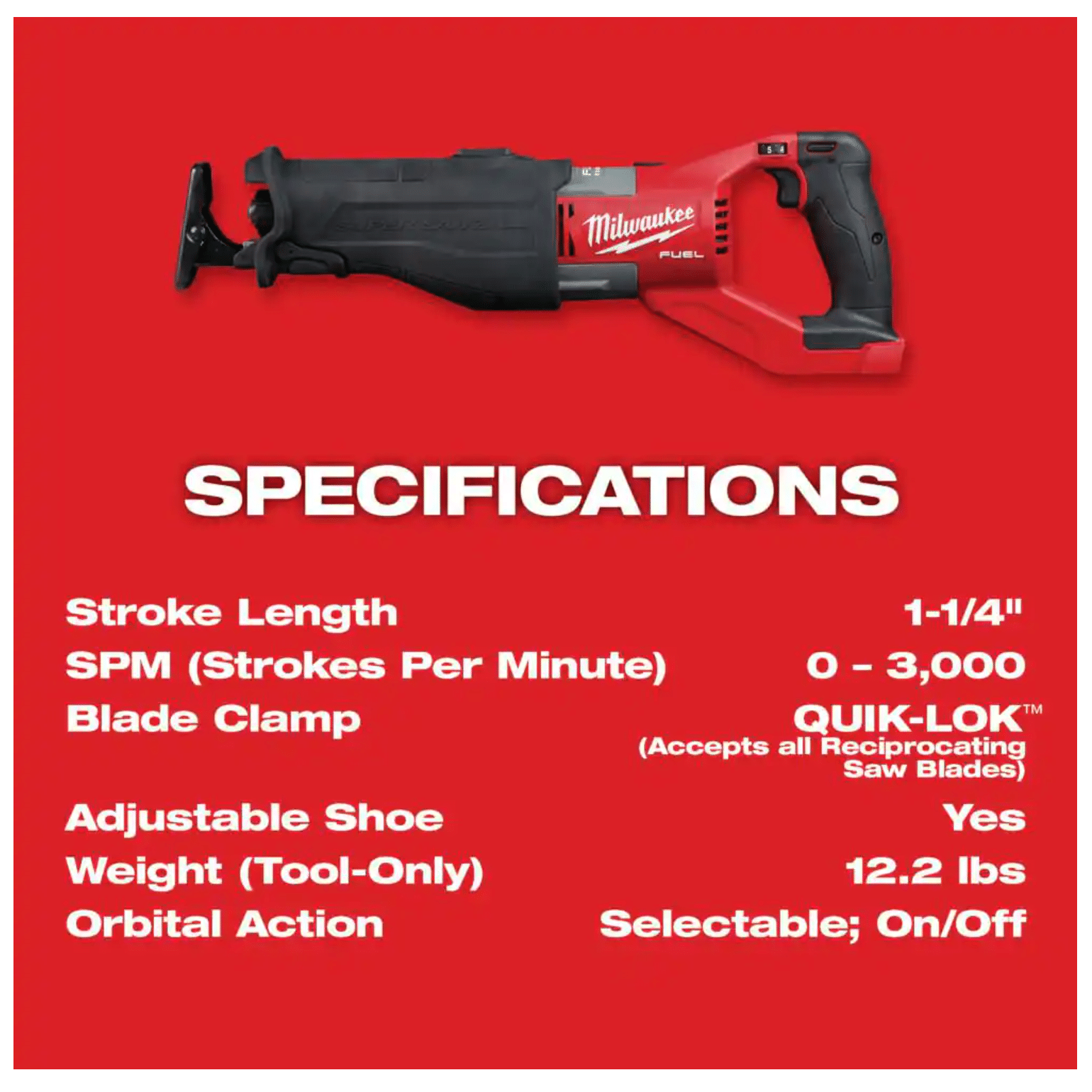 Milwaukee M18 Fuel 18-Volt Lithium-Ion Brushless Cordless Super Sawzall Orbital Reciprocating Saw， Tool-Only (2722-20)