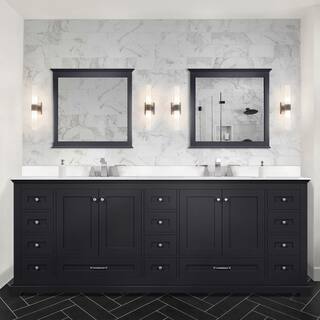 Lexora Dukes 84 in. W x 22 in. D Espresso Double Bath Vanity White Quartz Top and 34 in. Mirrors LD342284DGWQM34