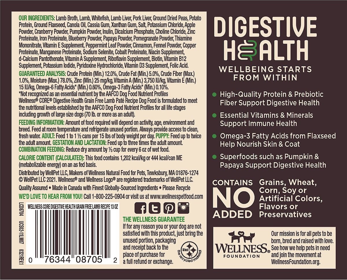 Wellness CORE Digestive Health Lamb Recipe Grain-Free Wet Dog Food， 13-oz， case of 12