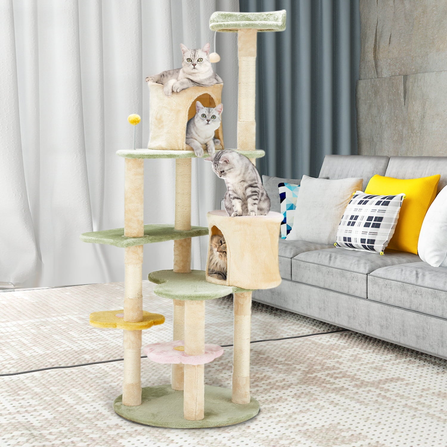 Erommy Flower Cat Tree Tower, Heavy Duty Anti-Scratch Cats Furniture, Multi-Level Cat Condo Activity Center Kitten Play House