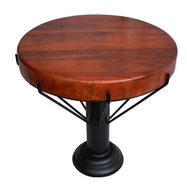 26 Inch Handcrafted Round Side End Table， Thick Mango Wood Top， Black Iron Pedestal Base