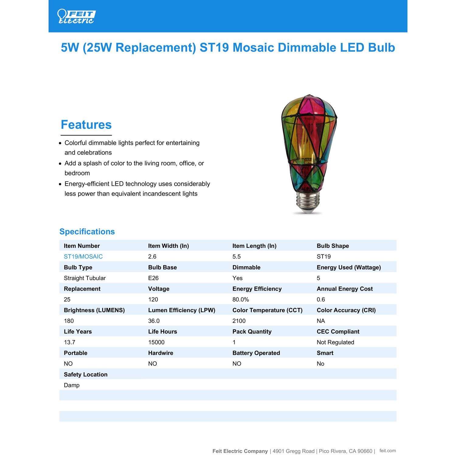 Feit ST19 E26 (Medium) Filament LED Bulb Multi-Colored 25 Watt Equivalence 1 pk