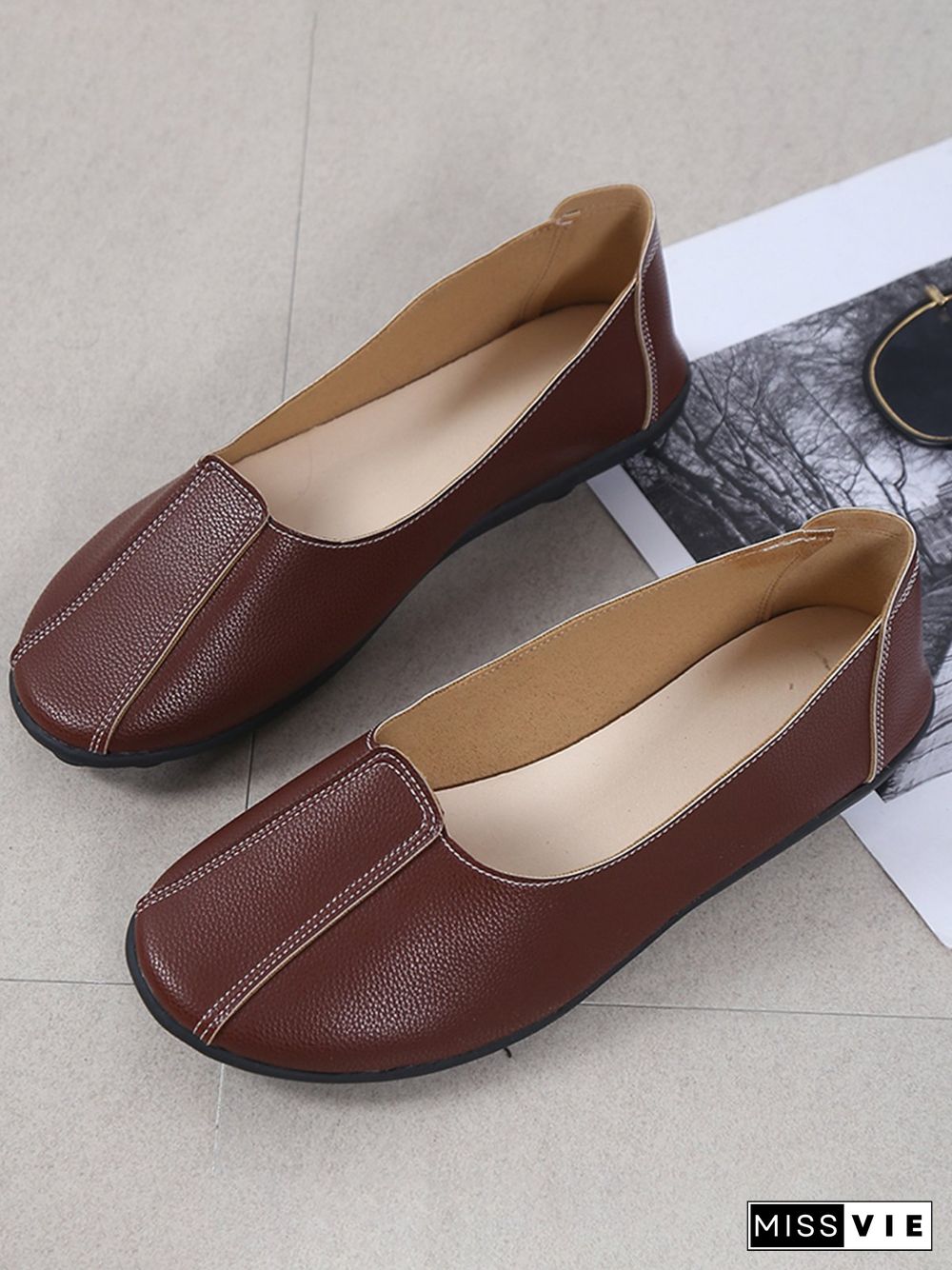 Women Casual Plain All Season Wearable Daily Flat Heel Pu Rubber Slip On Flats