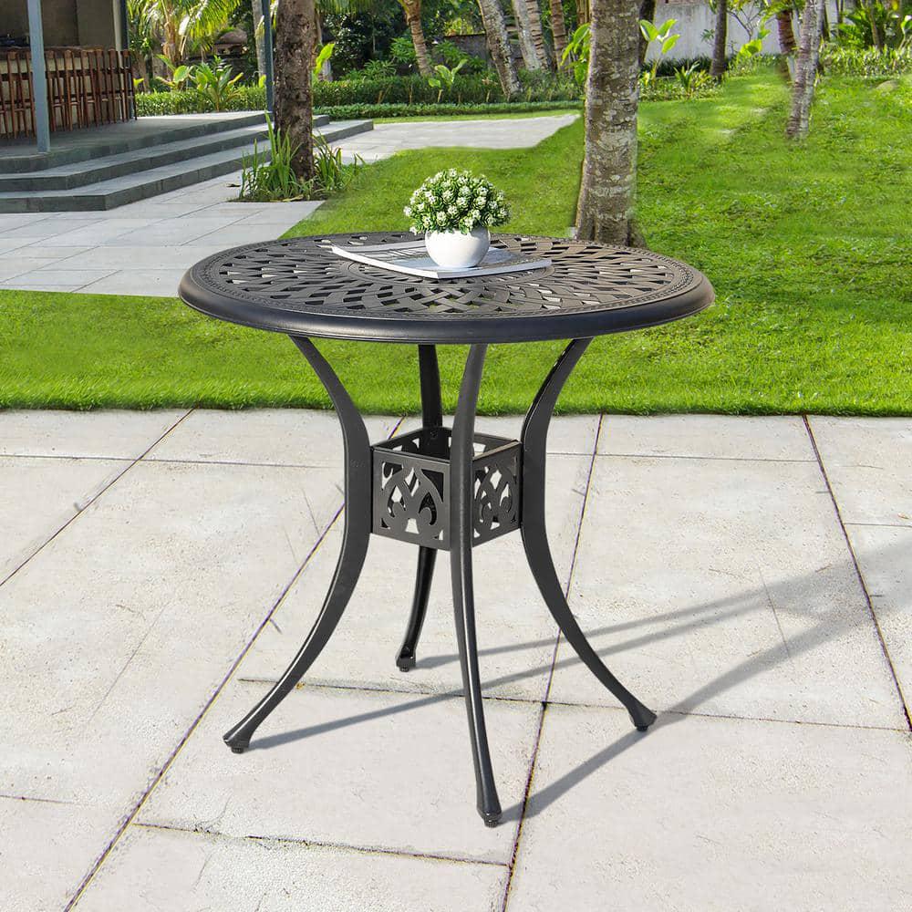 Nuu Garden 30 in Black Round Aluminum Outdoor Bistro Round Aluminum Patio Table with Umbrella Hole in Black