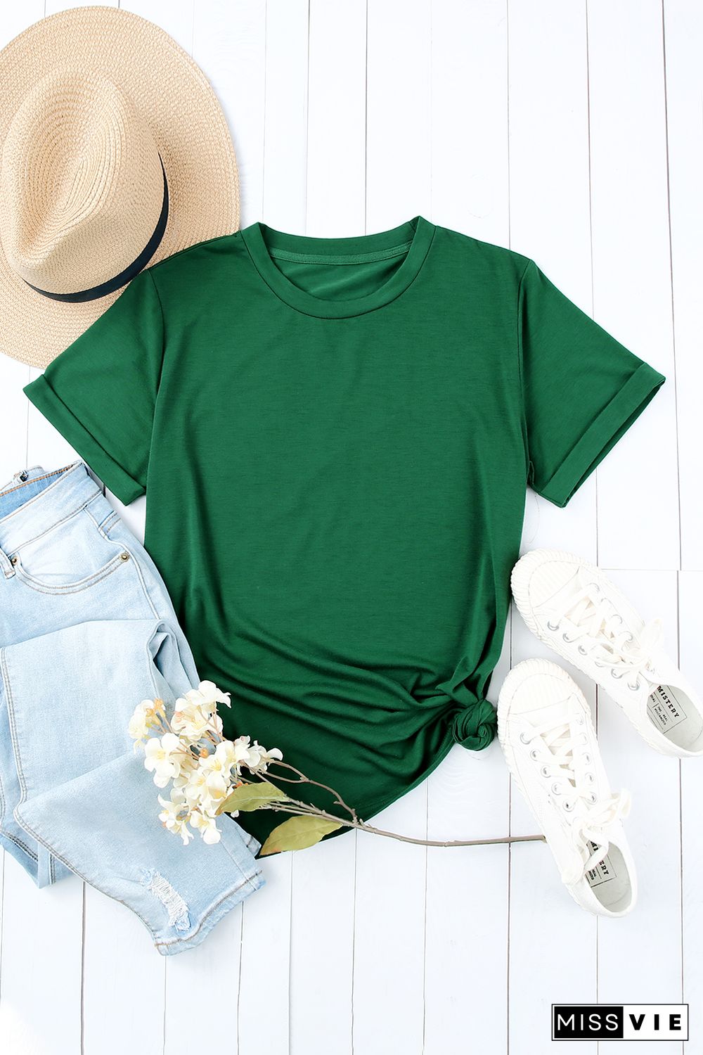 Green Solid Color Crew Neck Tee