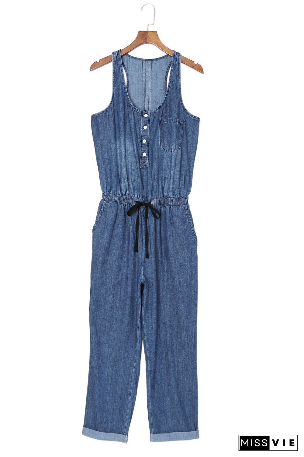 Blue High Waist Buttons Sleeveless Denim Romper