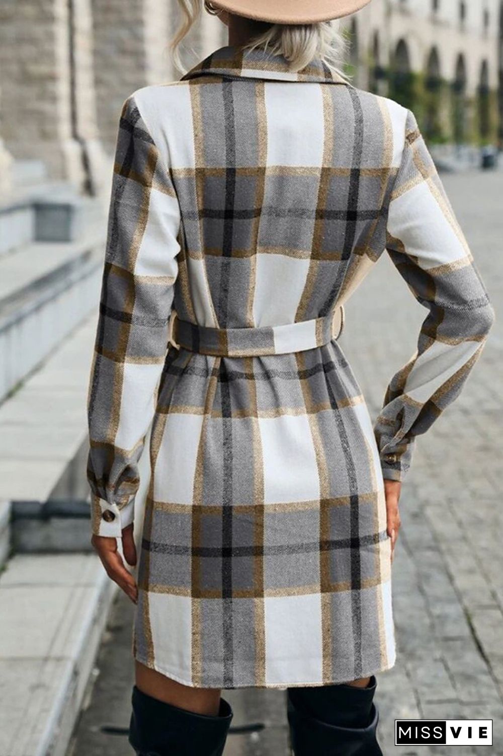 Open Button Plaid Long Jackets With Waist Belt Wholesale