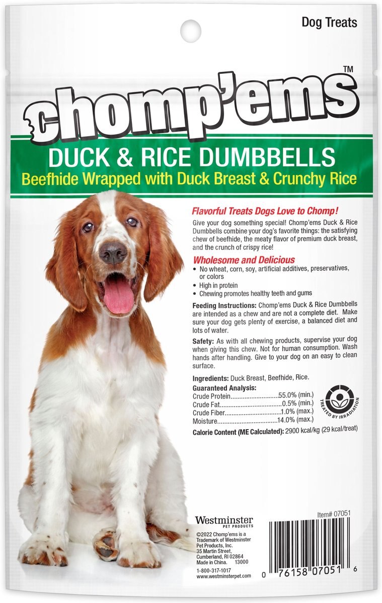 RUFFIN' IT Chomp'ems Duck and Rice Dumbbells Jerky Dog Treats， 4-oz bag