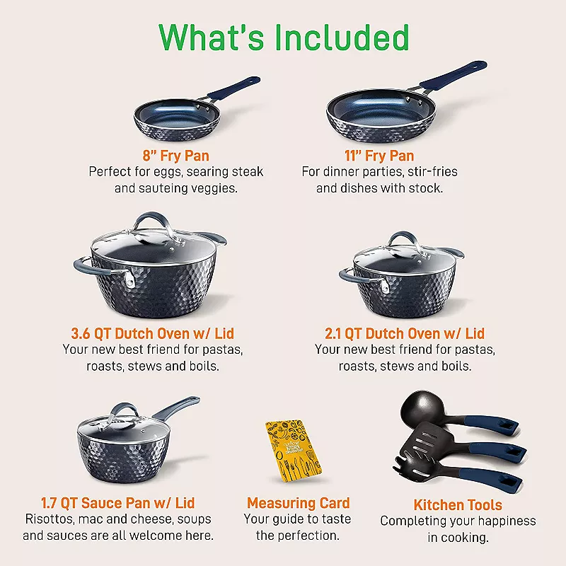 Nutrichef 11 Piece Nonstick Diamond Pattern Kitchen Cookware Set